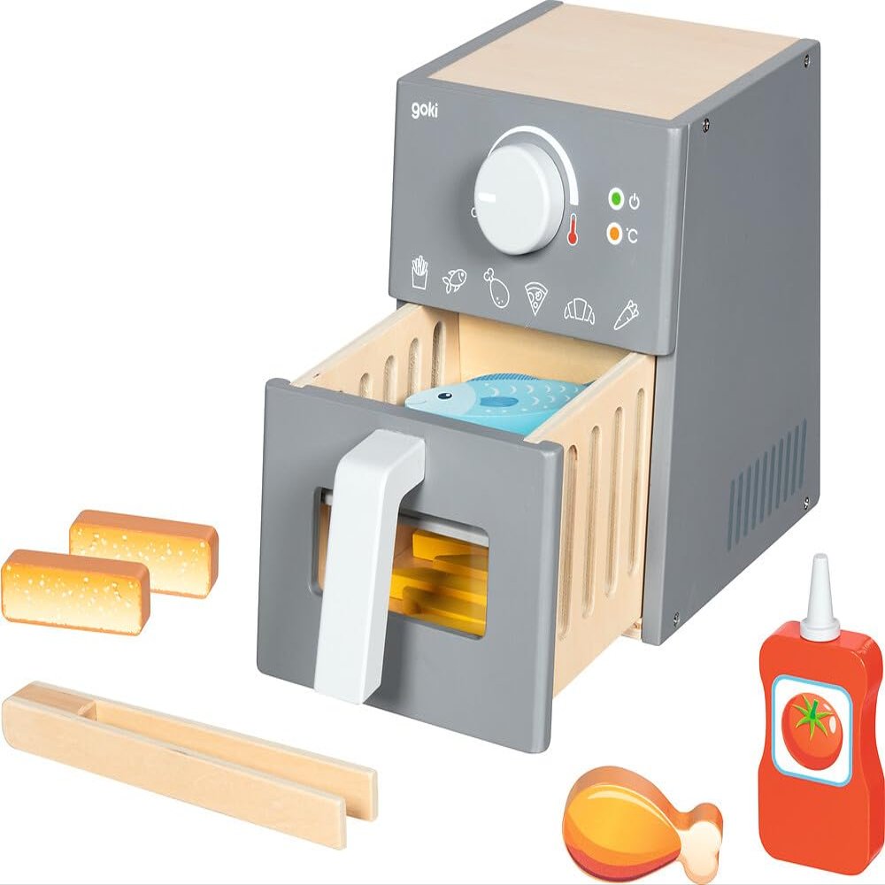goki 51430 Airfryer with Accessories, Wooden Hot Air Fryer Toy, 16-Piece Set with Wooden Tongs, Meat, Fish, Fish Sticks, Chips, Ketchup - Accessories for Merchant Shop and Play Kitchen
