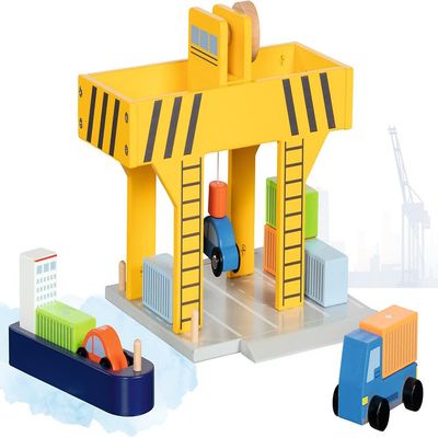 goki 55826 - Wooden Harbour Crane with Container, Cargo Ship and Vehicles, Bridge Crane/Container Crane with Crank and Magnetic Lifter, Container Port Toy Set