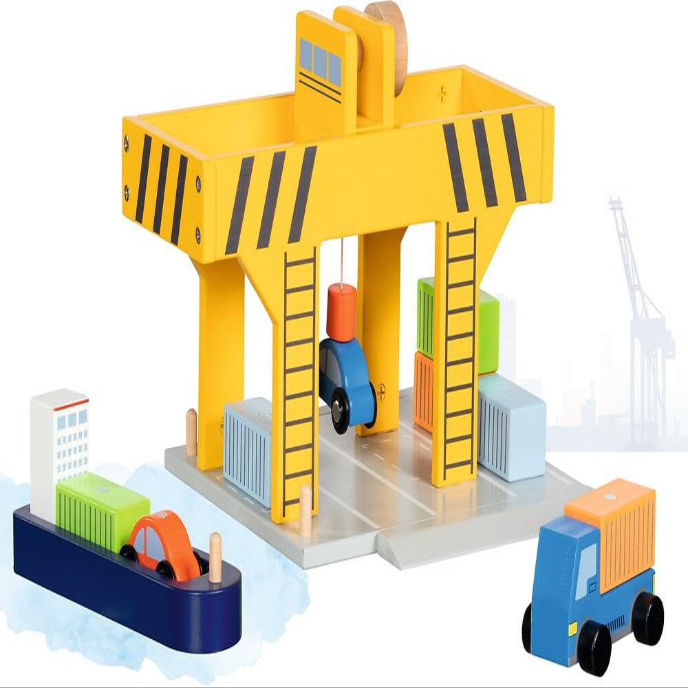 goki 55826 - Wooden Harbour Crane with Container, Cargo Ship and Vehicles, Bridge Crane/Container Crane with Crank and Magnetic Lifter, Container Port Toy Set