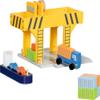 goki 55826 - Wooden Harbour Crane with Container, Cargo Ship and Vehicles, Bridge Crane/Container Crane with Crank and Magnetic Lifter, Container Port Toy Set view 4