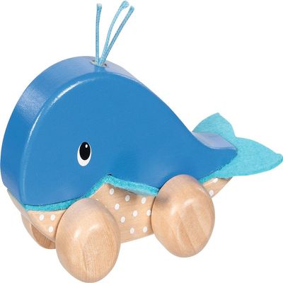 goki 55828 Wooden Whale Fishing Vehicle, Baby Toy with Felt Fins, Grip and Push Motor Skills Toy, Ages 1+