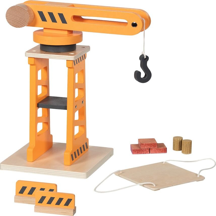 goki 55824 - Swivel Crane with Two Barriers and Loading Platform, Movable Toy Construction Crane Made of Wood, 360 Rotatable