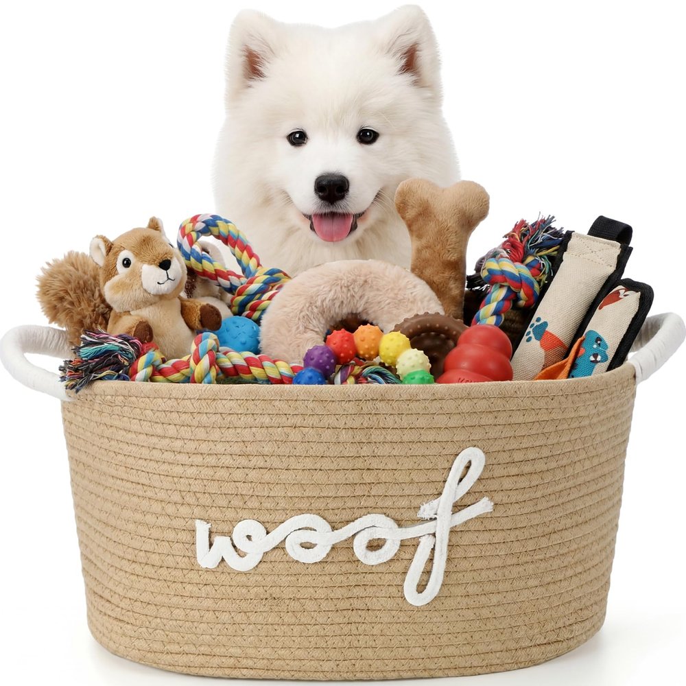 Ferrochef Dog Toy Storage Basket with Handles, 14.6 x 10.6 x 8.7 Inch Cotton Rope Dog Toy Storage Bin Woven Pet Organizer Shelf Basket for Pet Chew Toys, Foods
