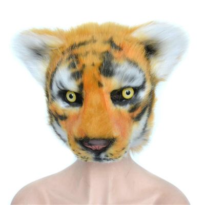 Realistic Tiger Mask,Half Face Plush Fursuit Animal Mask,Furry Tiger Headgear for Halloween Birthday Role-Play Party (Brown)
