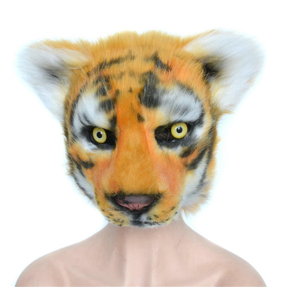 Realistic Tiger Mask,Half Face Plush Fursuit Animal Mask,Furry Tiger Headgear for Halloween Birthday Role-Play Party (Brown)