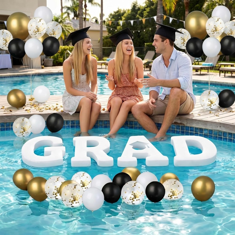 2026 Large EVA Grad Prom Floating Pool Letters Floating Letters for Pool with 35pcs White Black Gold Confetti Balloons for Send Off Graduation Foam Party Decor