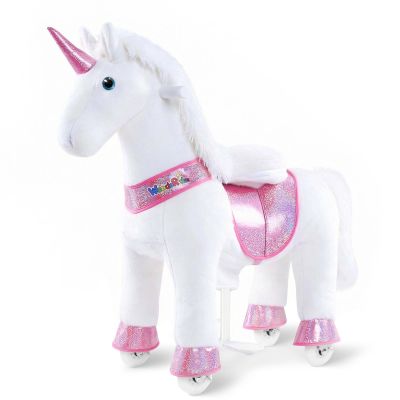 WondeRides Ride on Horse Riding Unicorn Pony White Riding Horse Size 3 for Kids Age 3-5, 30.1 Inch Height Riding Pony Ride Plush Giddy up Rocking Mechanical Walking Animal Unicorn for Girls M332-1
