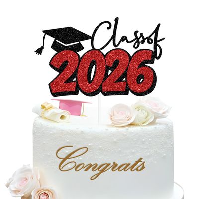 Class of 2026 Cake Topper, Congrats Grad Cake Decor, Congrats 2026 Graduate, High School College Graduation Party Decorations, Black and Red Glitter