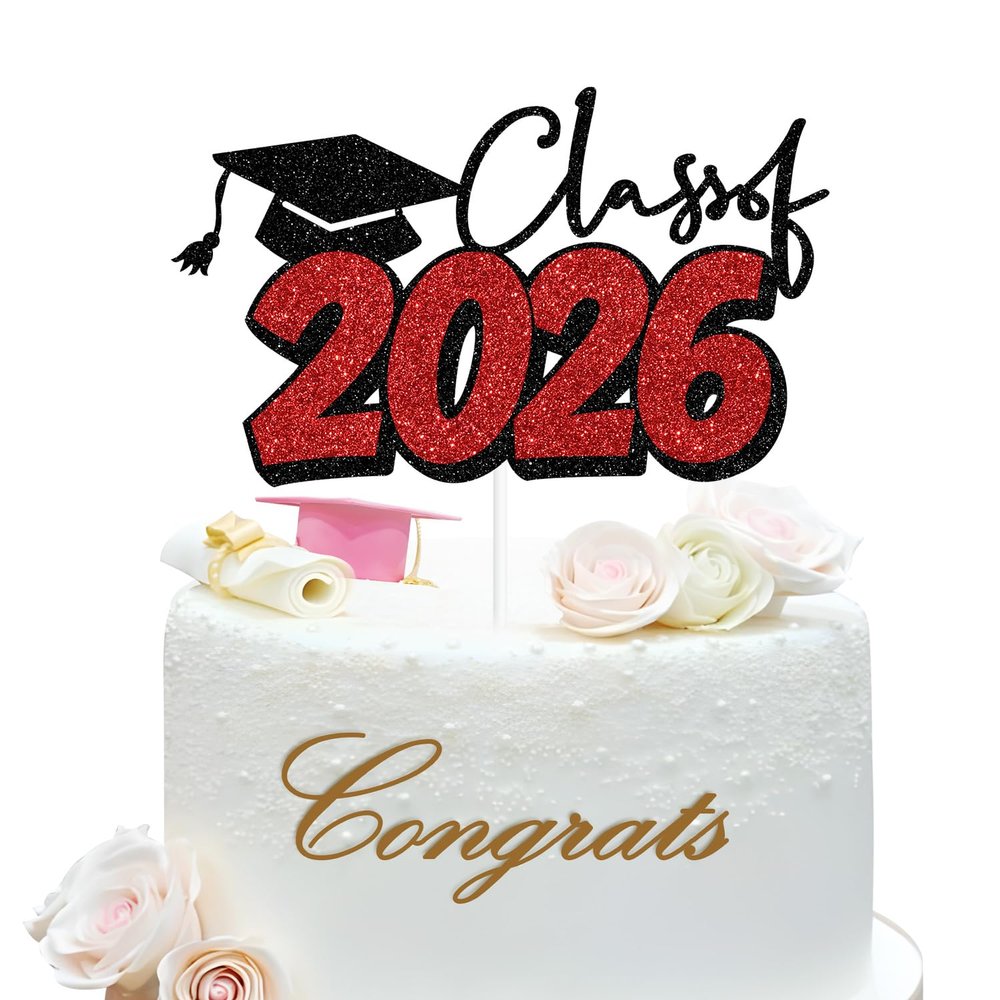 Class of 2026 Cake Topper, Congrats Grad Cake Decor, Congrats 2026 Graduate, High School College Graduation Party Decorations, Black and Red Glitter