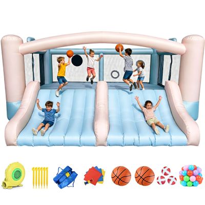 Inflatable Bounce House,8-in-1 Large Bouncy Castle with Slide,Basketball Hoop,Dart Game, Heavy Duty Indoor Outdoor Blow Up Jump House for Kids Backyard Birthday Party with Blower&Complete Accessories