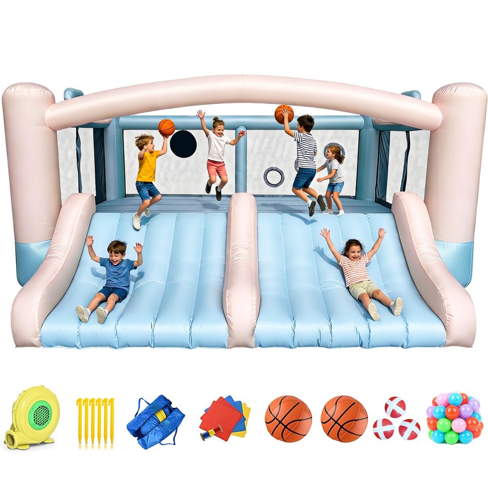 Inflatable Bounce House,8-in-1 Large Bouncy Castle with Slide,Basketball Hoop,Dart Game, Heavy Duty Indoor Outdoor Blow Up Jump House for Kids Backyard Birthday Party with Blower&Complete Accessories