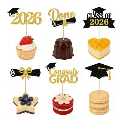 24PCS Graduation Cupcake Toppers,2026 Congrats Grad Cake Topper,Glitter Gold Black Cap and Diploma Cake Picks,Class of 2026 Dessert Decorations for Graduation Party Supplies Table Decor,6 Styles