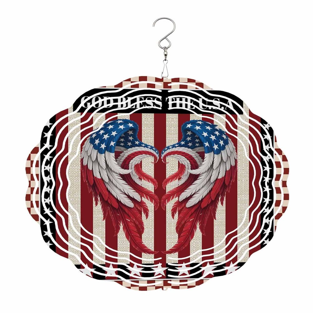 Independence Day Wind Spinner 12 Inch Red Blue USA Flag Wings Stripe Stars Plaid Wind Spinners Outdoor 3D Stainless Steel Hanging Sculpture Decorations Gift for Garden Yard Porch Balcony