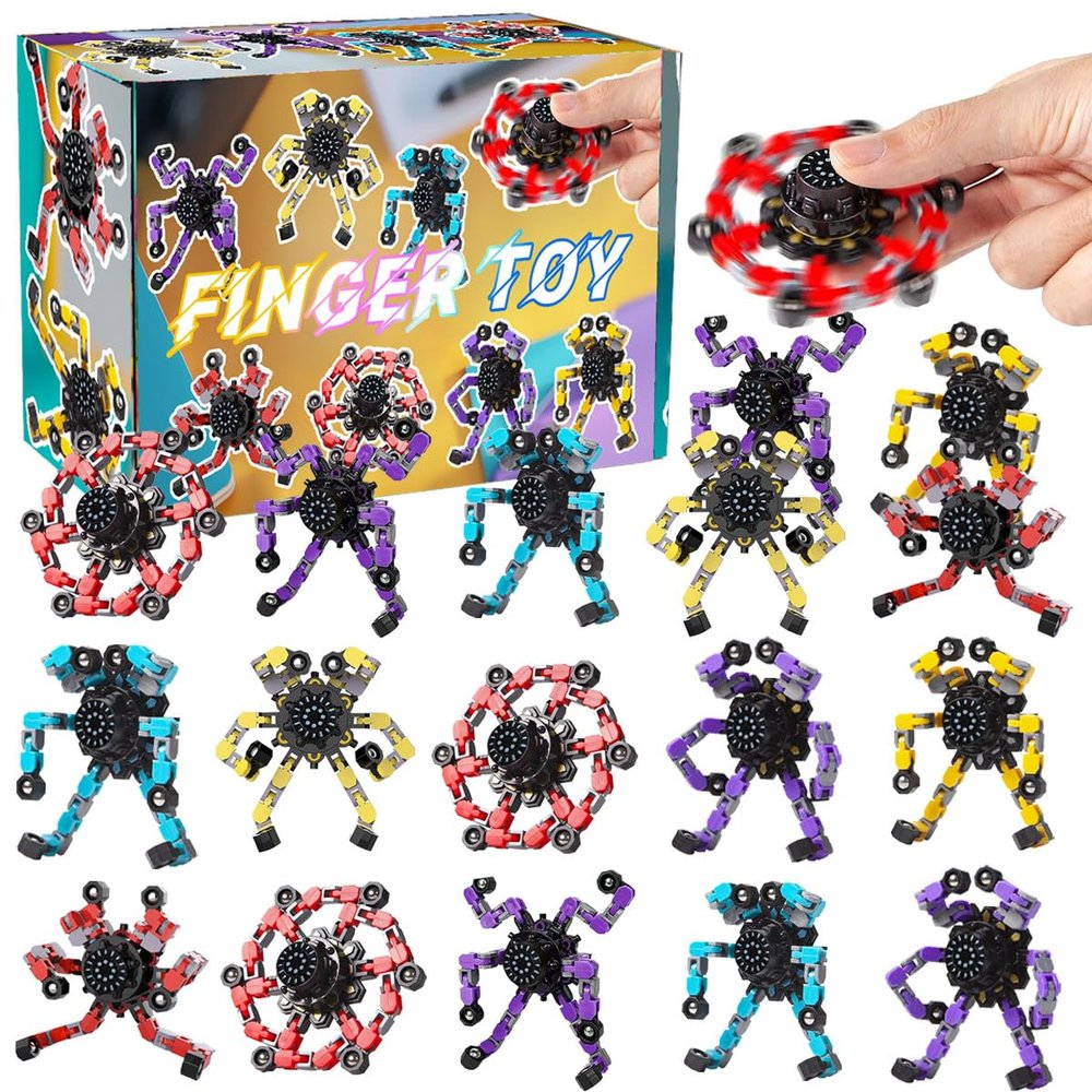 16Pcs Transformable Fidget Spinners Toys with Gifts Box Sensory Stress Relief Toys Chain DIY Robot Toys for Kids Girls Boys Holiday Party Favors Halloween Christmas Birthday Classroom Rewards Gifts