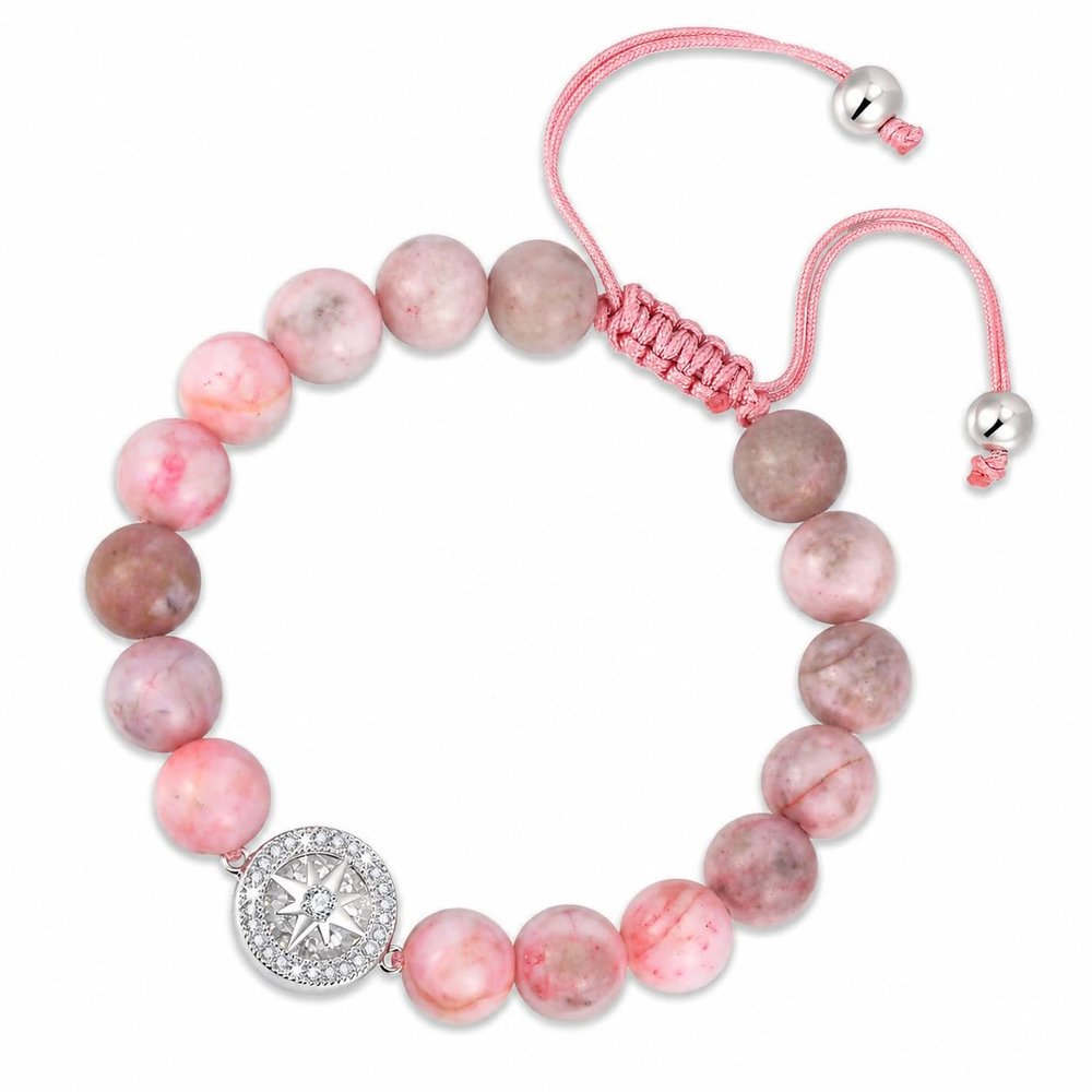 Beaded Bracelets for Girls, Adjustable Pink Zebra Jasper Beaded Bracelet with Compass Four Leaf Clover Charm, Natural Stone Girls Jewelry in Pink Gift Box, Birthday Gifts for Daughter Granddaughter Friend Back to School Bracelets