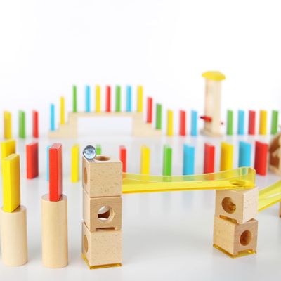 WOWME Colorful Wooden Dominoes Run and Marbles Run Playset for Kids