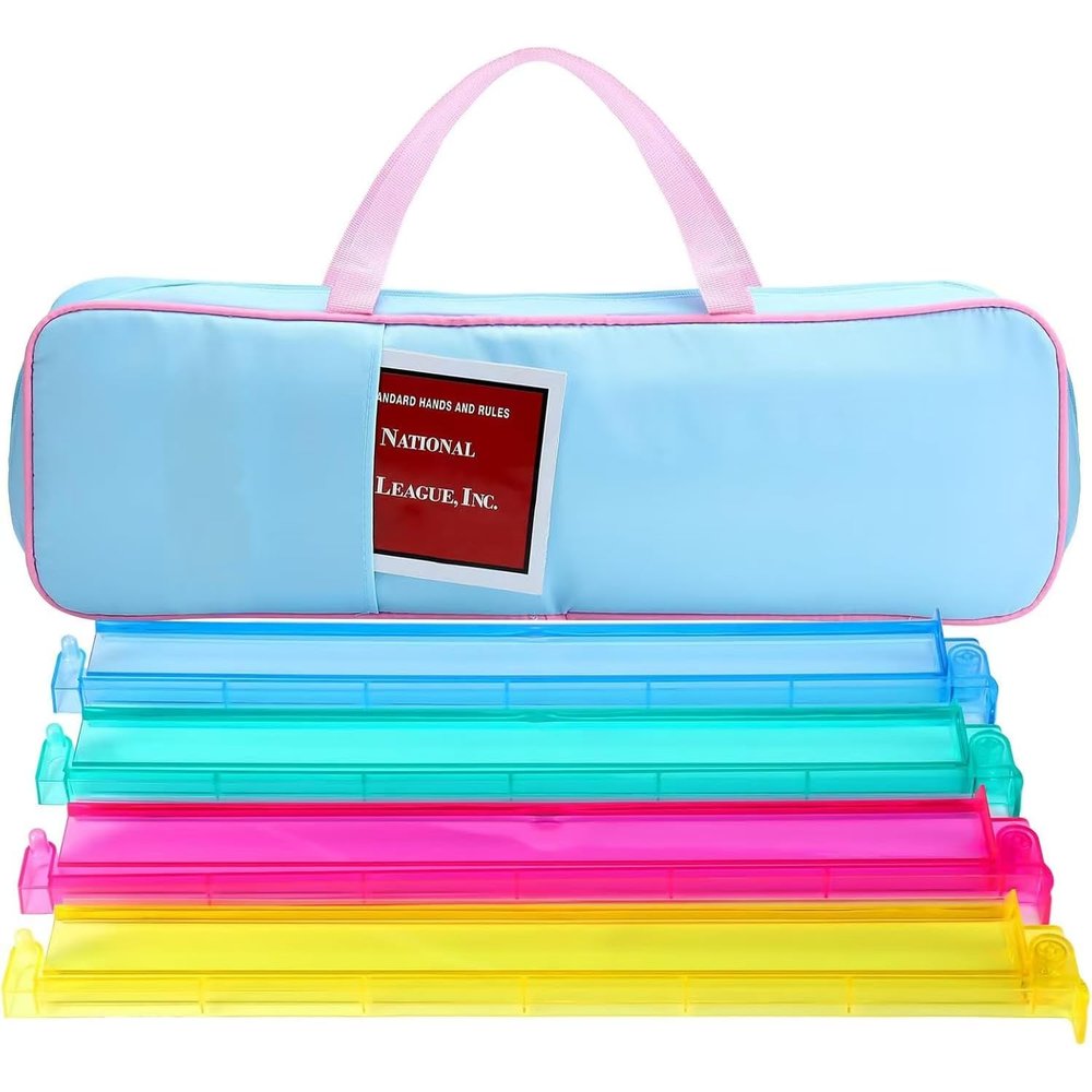(4PCS) Mahjong Rack, +Multi-Functional Storage Bag+A Set of Scoring Card Rules,21 x 6.5 x 2 Inch, Fits 8 Racks (Blue and Pink Set)