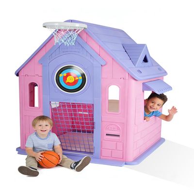 Kids Playhouse Cottage 4-in-1 Activity Center with Magnetic Dartboard, Basketball Hoop, Soccer Goal & Ring Toss Spacious Indoor/Outdoor Game House for Toddlers