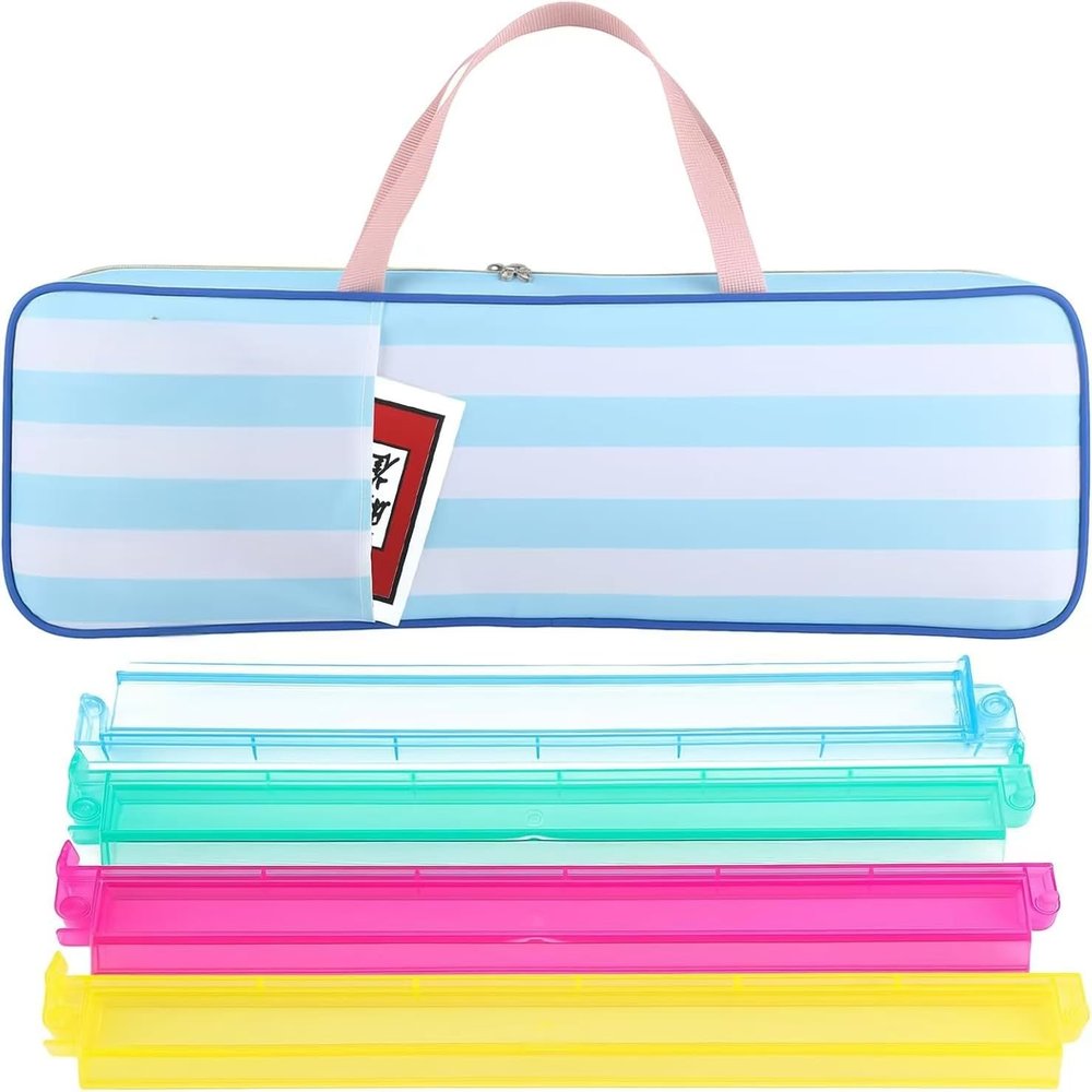 (4PCS) Mahjong Rack, +Multi-Functional Storage Bag+A Set of Scoring Card Rules,21 x 6.5 x 2 Inch, Fits 8 Racks (Blue and White Striped Suit)