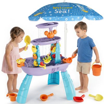 Eterfun 3-Tier Outdoor Water Sand Play Table Beach Toys, Summer Splash Activity Sensory Table Party Birthday Gift for Kids 3 4 5 6 7(Purple)