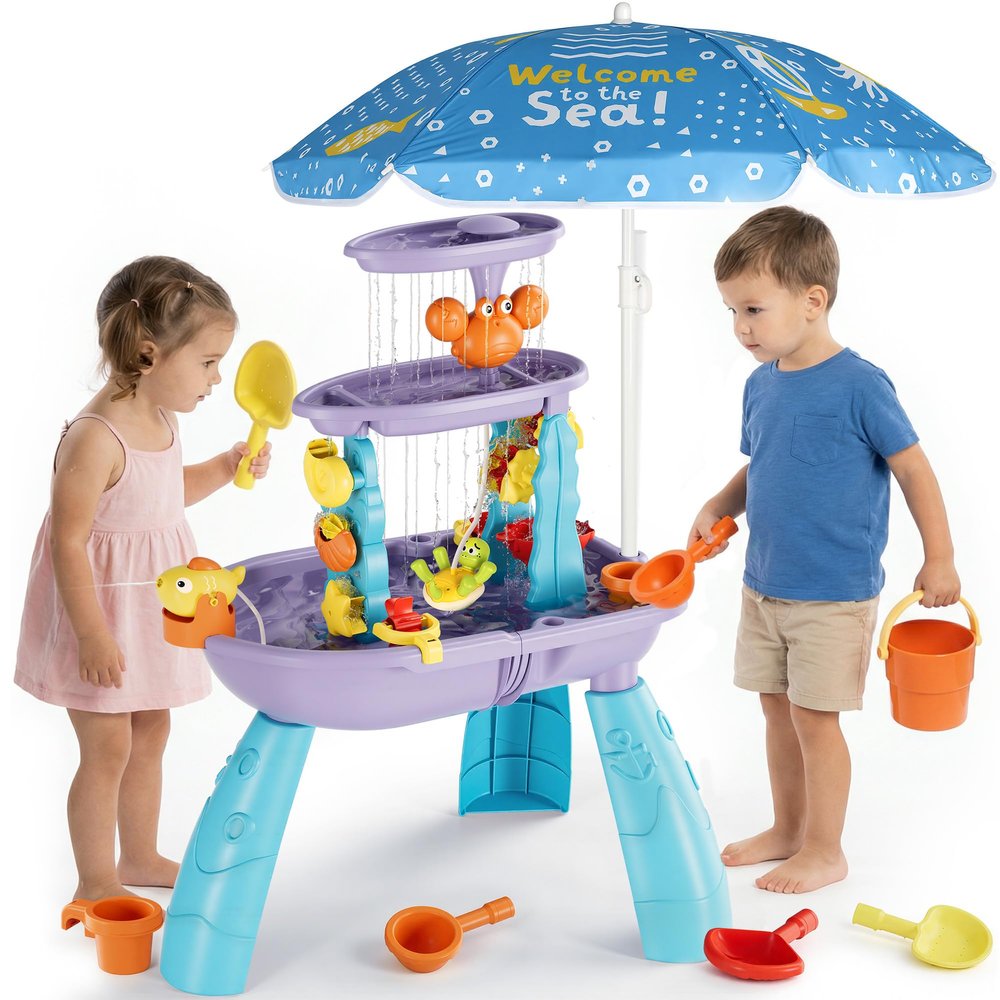 Eterfun 3-Tier Outdoor Water Sand Play Table Beach Toys, Summer Splash Activity Sensory Table Party Birthday Gift for Kids 3 4 5 6 7(Purple)
