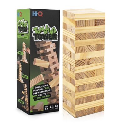 Hi-Q Tumbling Tower Blocks - 48 Piece Wooden Stacking Toy, Classic Balance Tower Game - Stack Tower Game for Kids & Adults, Family Party Fun Block Stacking Game Ages 6+