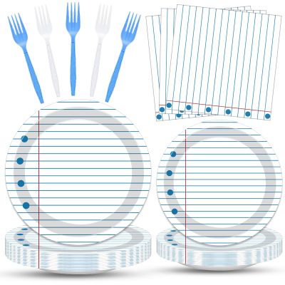 100 Pcs Back to School Party Supplies - Serves 25, Notebook Lined Paper Disposable Tableware, Includes Paper Plates, Napkins, and Plastic Forks for Kids Birthday, Classroom, Teacher Themed Decoration