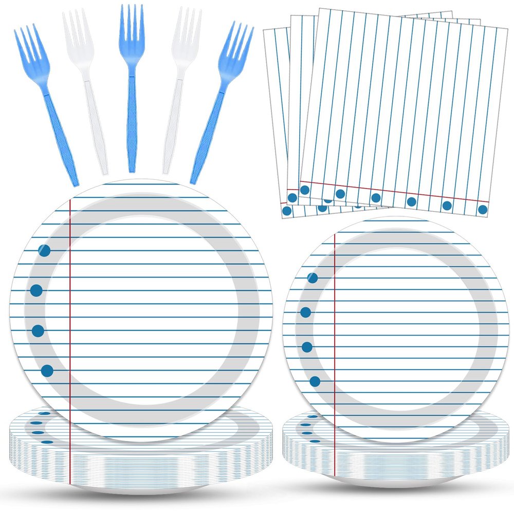 100 Pcs Back to School Party Supplies - Serves 25, Notebook Lined Paper Disposable Tableware, Includes Paper Plates, Napkins, and Plastic Forks for Kids Birthday, Classroom, Teacher Themed Decoration