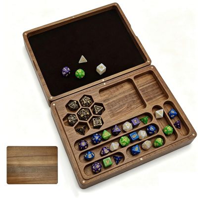 DND Dice Box with Rolling Tray - Solid Acacia Wood Magnetic Closure Storage Case for 8-10 Sets, Portable Travel Dice Holder Compatible with Standard & Metal Dice - DND Dice Box, Wooden Dice Tray