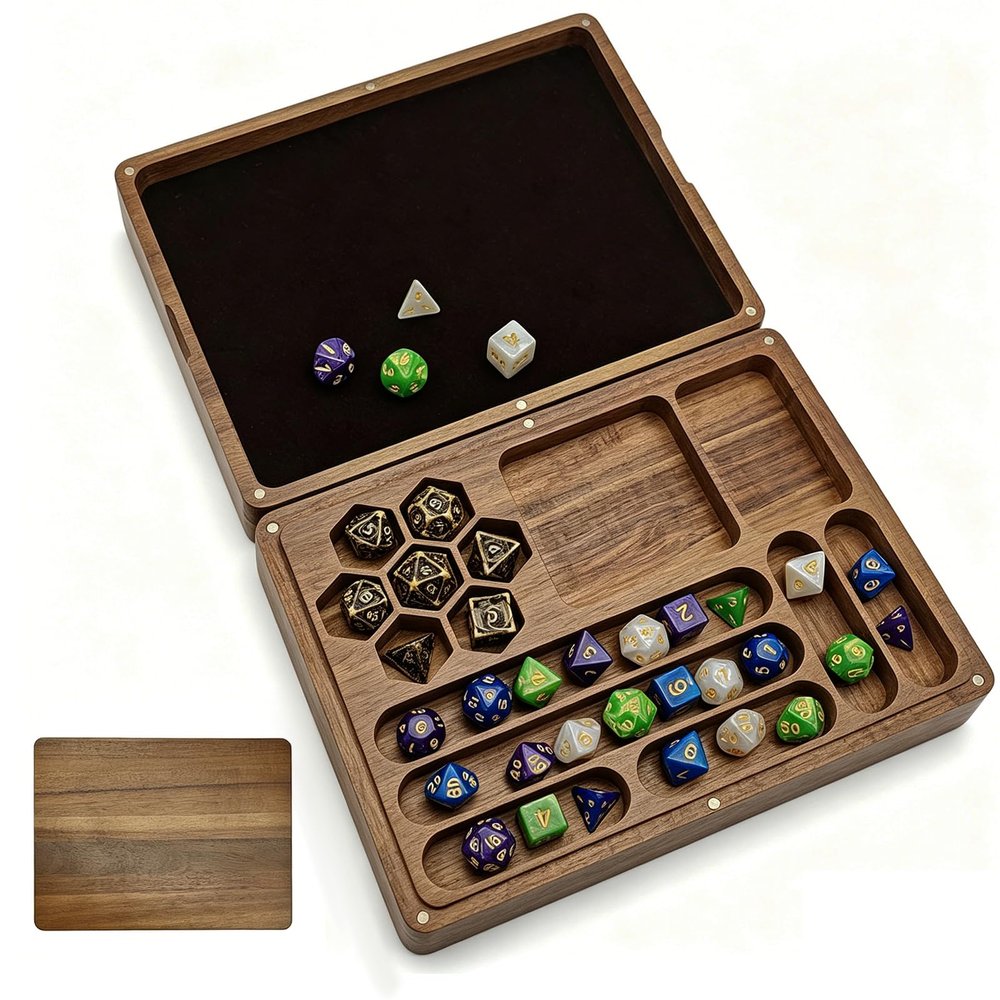 DND Dice Box with Rolling Tray - Solid Acacia Wood Magnetic Closure Storage Case for 8-10 Sets, Portable Travel Dice Holder Compatible with Standard & Metal Dice - DND Dice Box, Wooden Dice Tray
