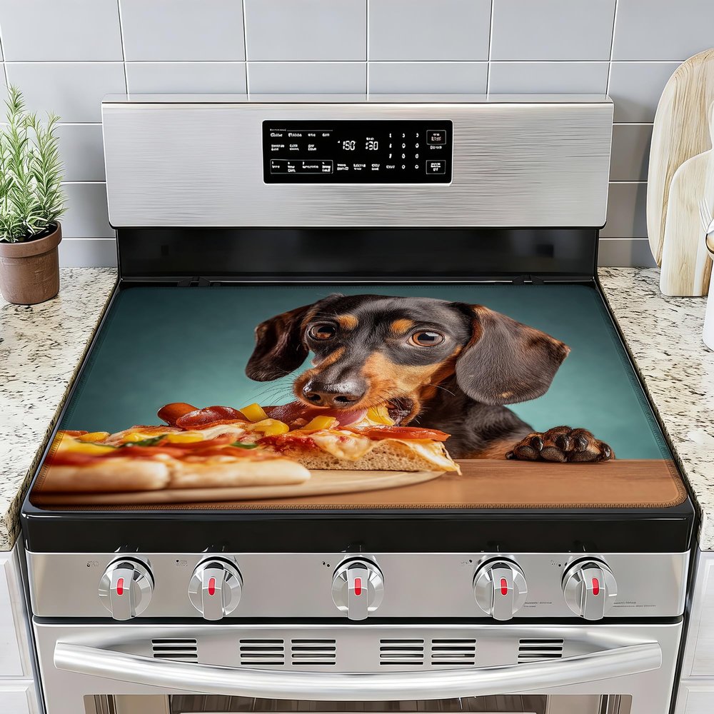 Dachshund Dog Pizza Multi-Design Stove Top Covers for Electric Stove, Heat-Resistant Protector Mat, Non-Slip Drying Rack 28"x20" Stove Burner Covers
