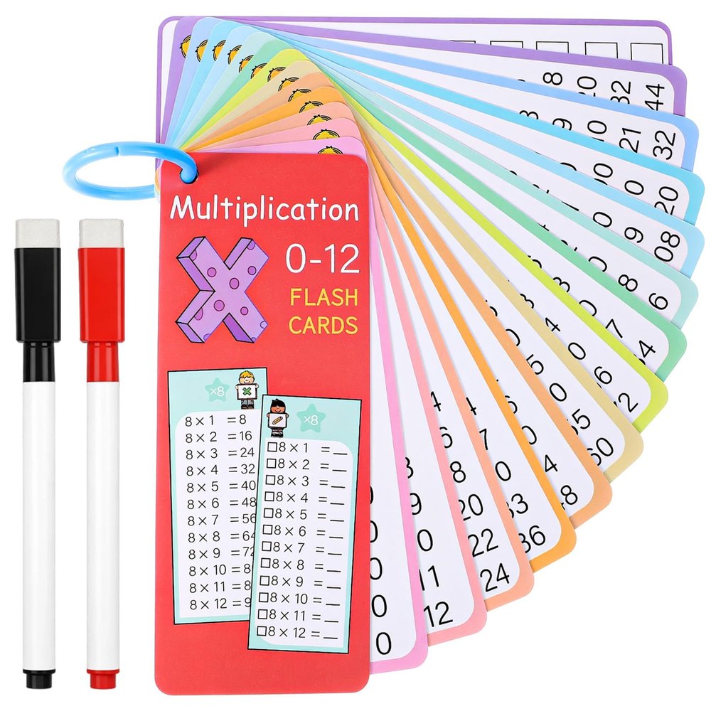 0-12 Multiplication Flash Cards, Times Table Math Flash Card Set, with 15 Multiplication Cards, 2 Dry Erase Markers, 1 Rings, Multiplications Chart Game for Kid, 1st to 3rd Grade Learning