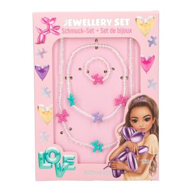Depesche TOPModel 14062 Jewellery Set with Chain, Bracelet and Ring, White Beads and Multicoloured Balloons, Adjustable Length and Elastic