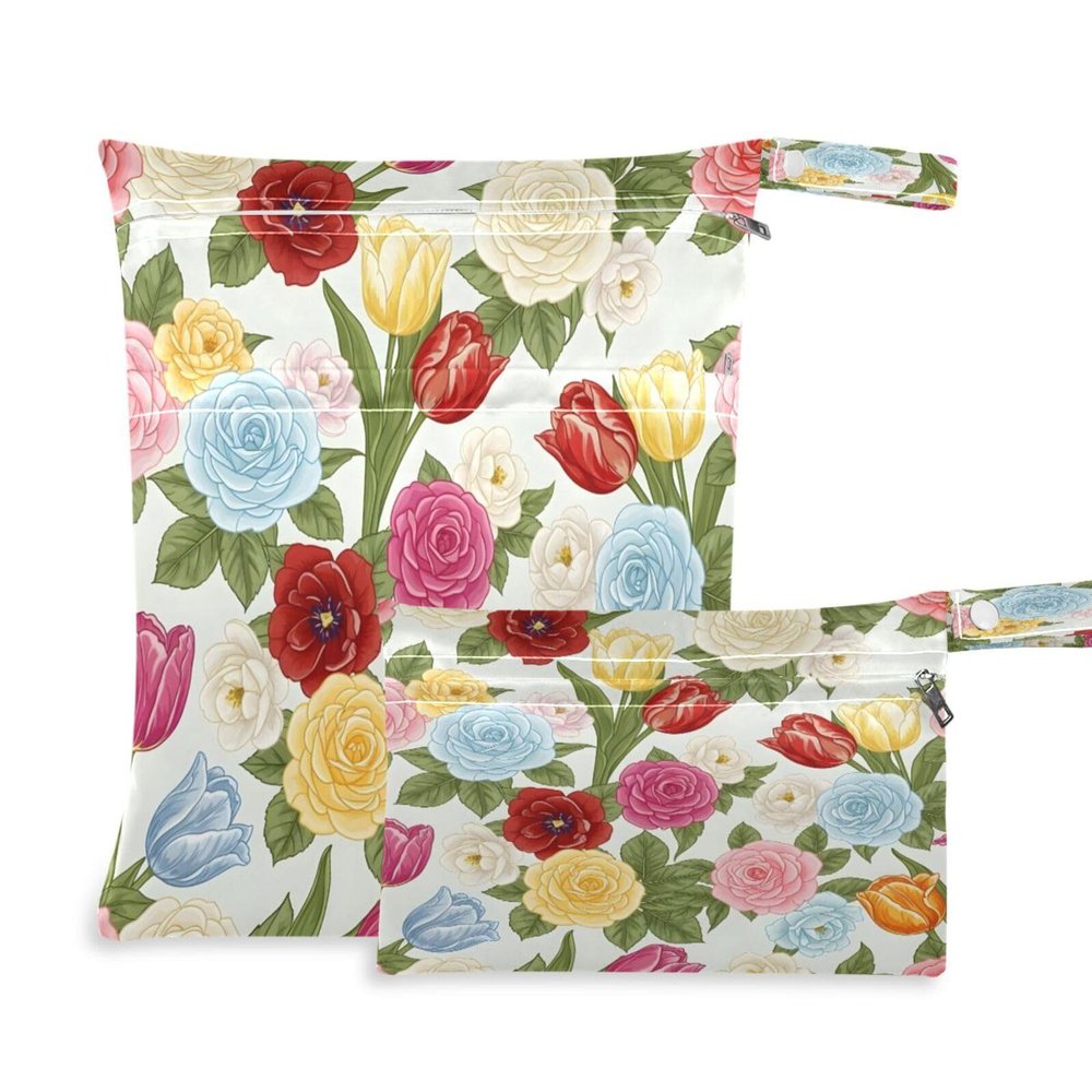 Hezely Roses and Tulips 2 Pack Cloth Diaper Wet Dry Bags,Waterproof Wet Bag for Baby,Travel, Beach, Pool, Diapers, Dirty Yoga Gym Clothes