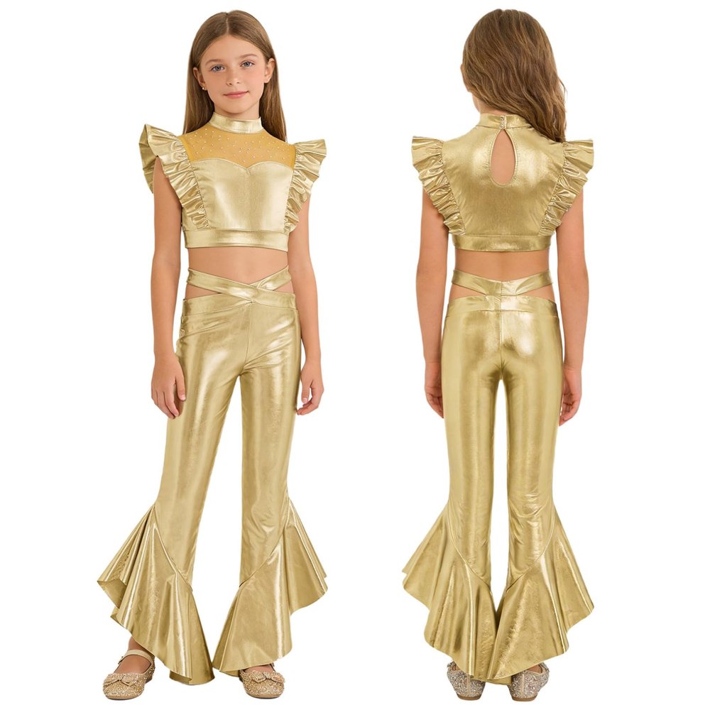 YiZYiF Girls Rave Festival Disco Party Outfits Jazz Performance Costume Crop Top with Flared Pants Hip Hop Dance Dress Gold 14 Years