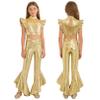 YiZYiF Girls Rave Festival Disco Party Outfits Jazz Performance Costume Crop Top with Flared Pants Hip Hop Dance Dress Gold 14 Years view 1