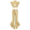 YiZYiF Girls Rave Festival Disco Party Outfits Jazz Performance Costume Crop Top with Flared Pants Hip Hop Dance Dress Gold 14 Years view 2