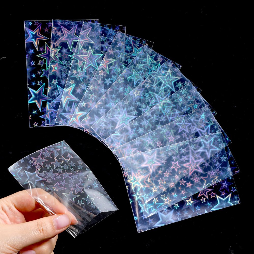 100 PCS Photocard Sleeves, 2.4x3.5inch Laser Flashing Card Sleeve Holder Rainbow Star Heart Flower Cards Protector Holographic Card Sleeve Microns Ultra Thick Sleeves Mini Photo Cards