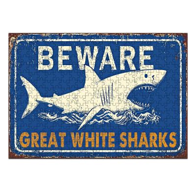EVRISIGN 1000 Pieces Wooden Jigsaw Puzzle Beware Great White Sharks Sign a Shark Illustration Stress Relief Activity Creative Thinking Development 29.5x19.7 Inch