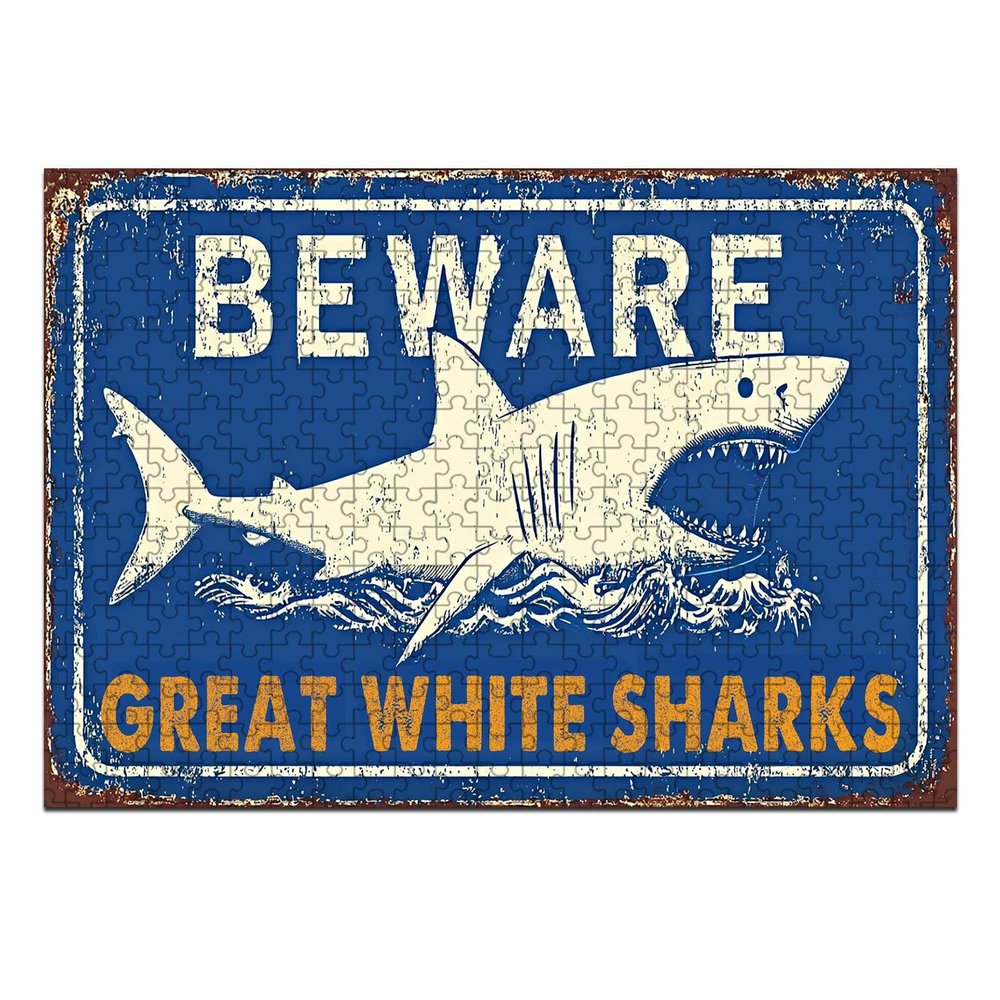 EVRISIGN 1000 Pieces Wooden Jigsaw Puzzle Beware Great White Sharks Sign a Shark Illustration Stress Relief Activity Creative Thinking Development 29.5x19.7 Inch