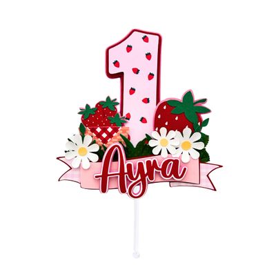 Strawberry Cake Topper Personalized with Name and Age, Custom Berry First Birthday Decorations, Red and Pink Strawberry Party Supplies for Girls, Personalized Non Edible Birthday Cake Decoration