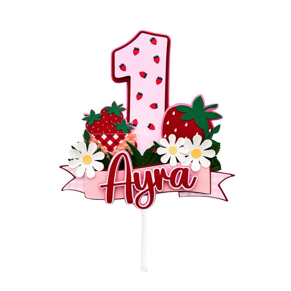 Strawberry Cake Topper Personalized with Name and Age, Custom Berry First Birthday Decorations, Red and Pink Strawberry Party Supplies for Girls, Personalized Non Edible Birthday Cake Decoration
