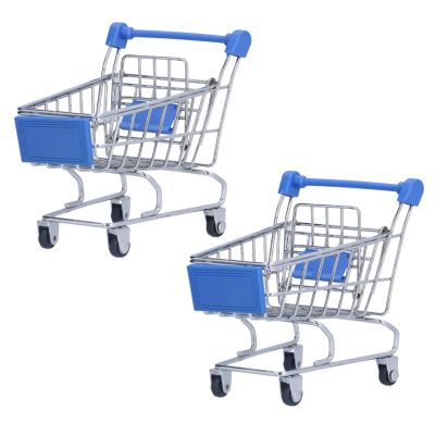 2PCS Mini Supermarket Handcart, Blue Small Supermarket Cart Small Shopping Cart Model Ornament Utility Storage Handcart Trolley for Desktop Home Office Decor