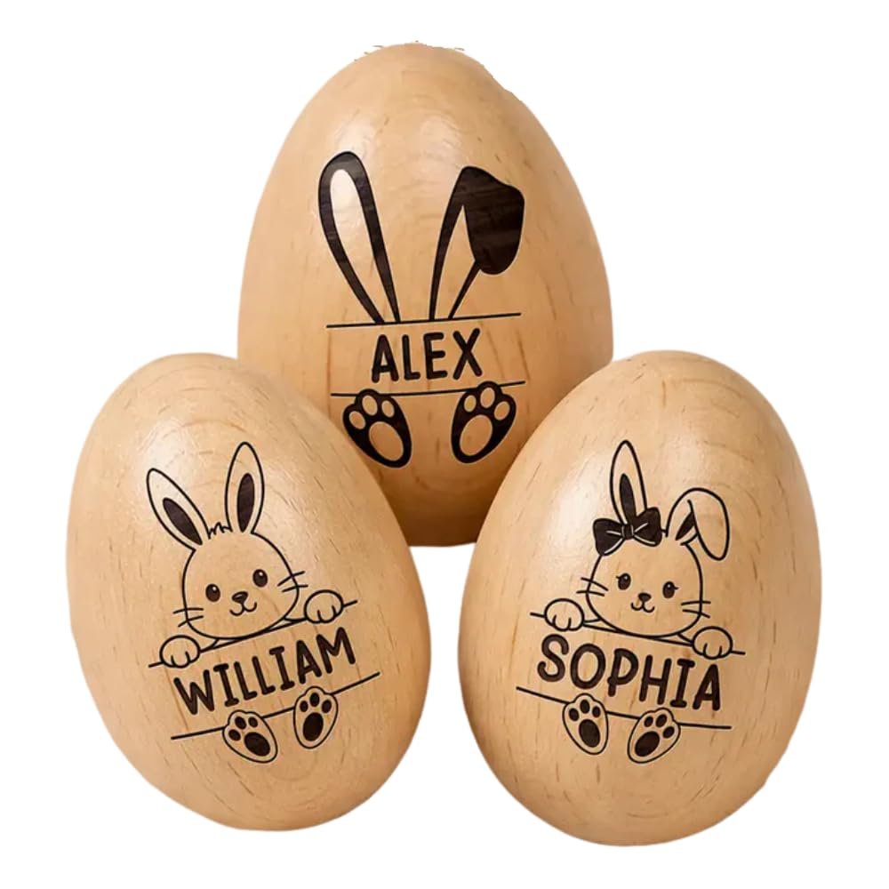 Adorable Bunny With Name - Personalized Musical Wooden Easter Egg Shaker, Personalized Musical Easter Egg Shaker 2026, Bunny Wooden Easter Eggs, First Easter Gifts for Baby, Easter Basket Stuffers