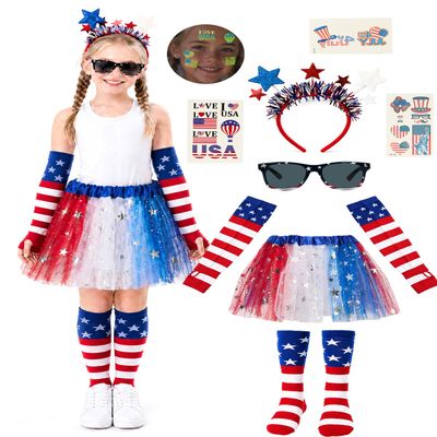 4th of July Outfits for Girls 6-12 Years Tutu Set, 8pcs Girls Red White and Blue Outfit with Sunglasses, Glow in Dark Tattoo - Perfect for Accessories Independence Day, Halloween, Patriotic Events