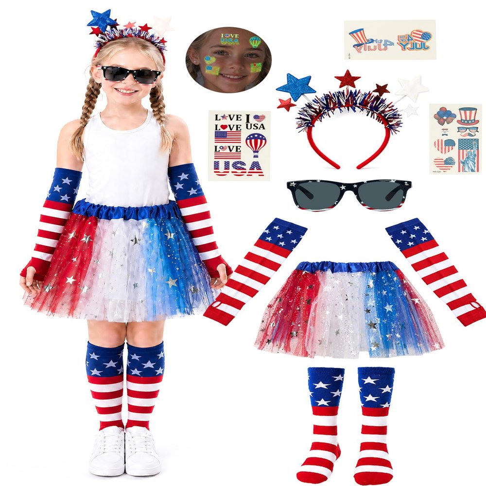 4th of July Outfits for Girls 6-12 Years Tutu Set, 8pcs Girls Red White and Blue Outfit with Sunglasses, Glow in Dark Tattoo - Perfect for Accessories Independence Day, Halloween, Patriotic Events