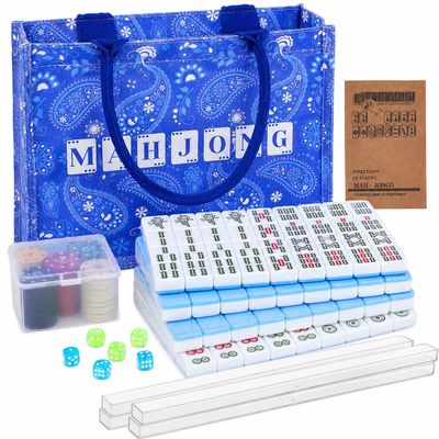 BESPORTBLE Chinese Mahjong Tile Set, 144 Tiles 1.2 Inch Traditional Mah Jongg Game Set with Carrying Bag, 4 Clear Racks Pushers, 100 Scoring Chips, 6 Dice, Manual for Adults Family Game Night Travel