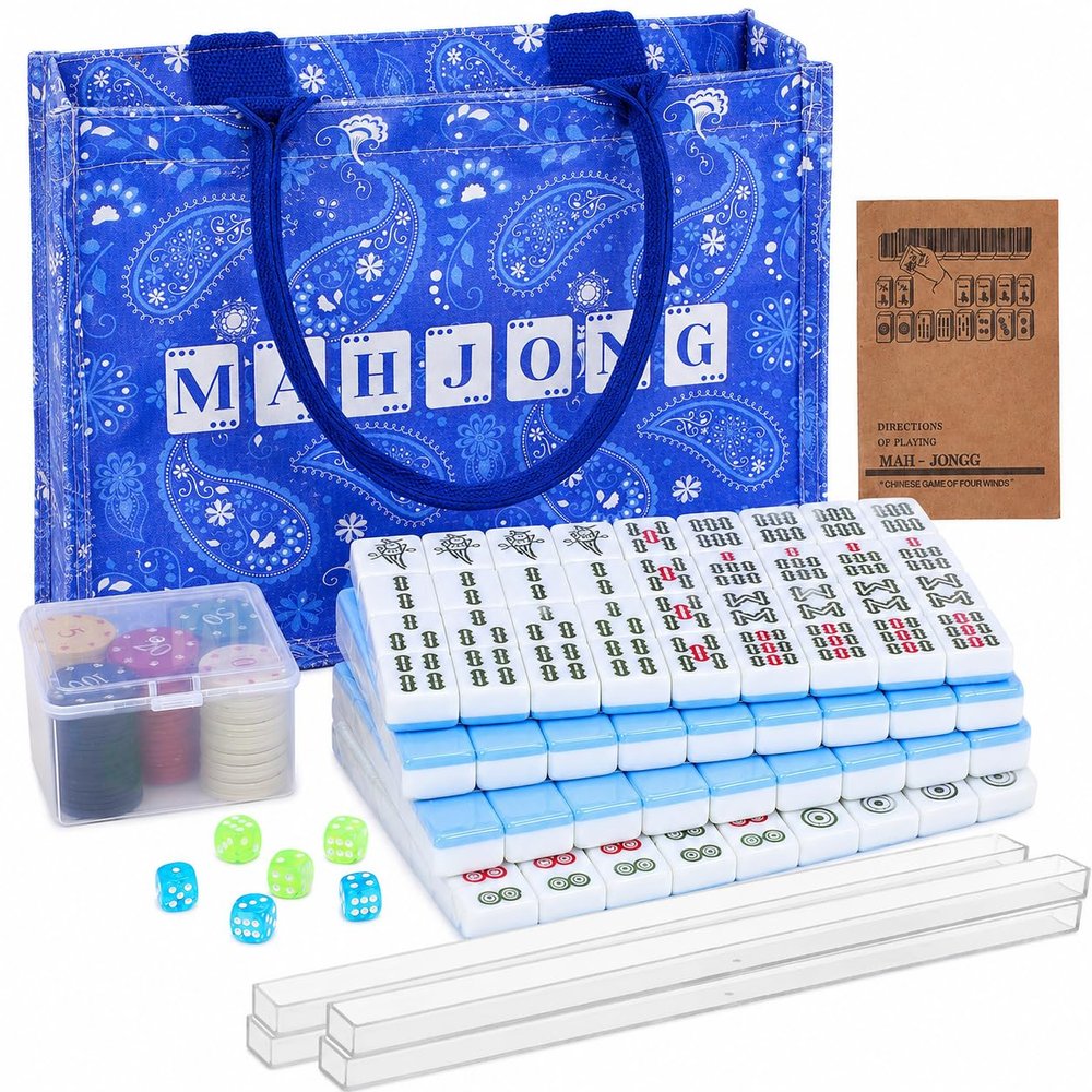 BESPORTBLE Chinese Mahjong Tile Set, 144 Tiles 1.2 Inch Traditional Mah Jongg Game Set with Carrying Bag, 4 Clear Racks Pushers, 100 Scoring Chips, 6 Dice, Manual for Adults Family Game Night Travel
