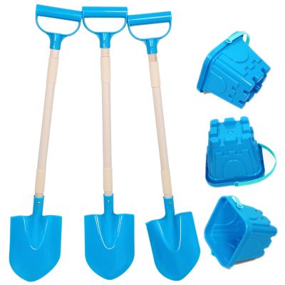 CHEERBANK Beach Buckets and Shovels for Kids, 3 Packs Long Plastic Shovels and Castle Sand Pails, Heavy Duty Sandbox Toys for Digging, Sandcastle Building Summer Outdoor Gift