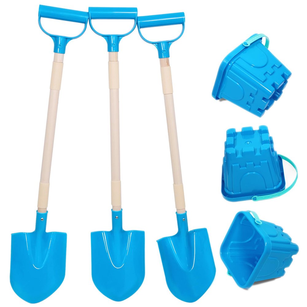 CHEERBANK Beach Buckets and Shovels for Kids, 3 Packs Long Plastic Shovels and Castle Sand Pails, Heavy Duty Sandbox Toys for Digging, Sandcastle Building Summer Outdoor Gift